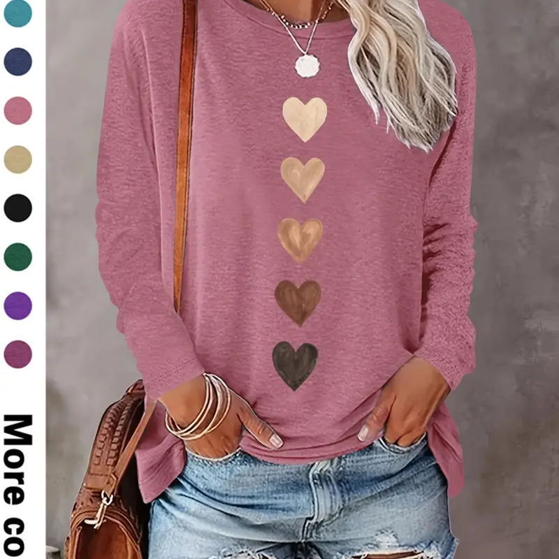 Women's Love Heart Print Round Neck Casual Slim Fitted T-shirt, Casual Long Sleeve Crew Neck T-shirt for Fall & Winter, Women's Clothes for Daily Wear, Casual Everyday Tops, Lady, Womenswear