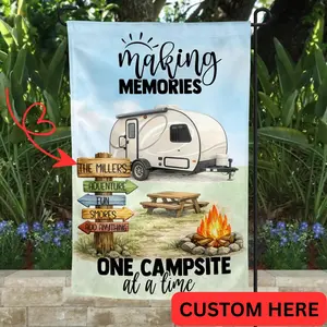 Making Memories Campsite Garden Flag - Personalized Camping RV Graphic Flag With Camper Trailer Picnic Table Campfire And Custom Family Name Sign, Funny Outdoor Family Adventure Yard Decor For Campers