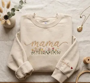 Custom Mama Embroidered Sweatshirt Floral Design Personalized Name Sleeve Gift for Mom Mother Birthday Gift Cozy Crewneck