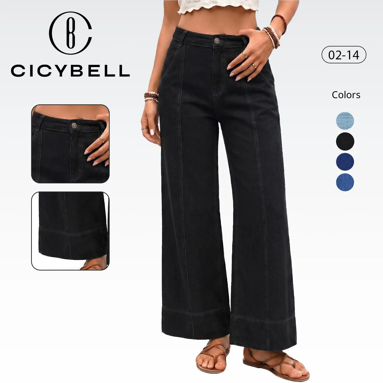 Cicy Bell Women High Waist Seam Detail Wide Leg Jeans Classic Button Zip Loose Denim Flare Pants with Pockets