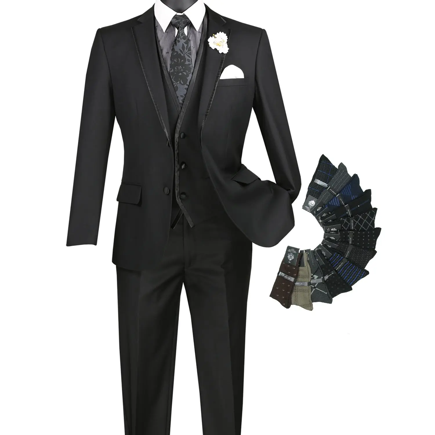 Luxurious Men's Slim-Fit 3-Piece Trim Lapel Textured Solid Suit Black