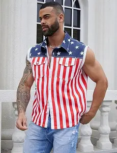 OeyFnbmO 4th of July Men American Flag Denim Vest Stretch Sleeveless Jean Shirt Collar Slim Fit Lightweight, Menswear