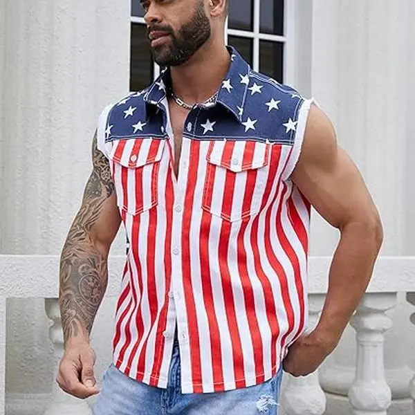 OeyFnbmO 4th of July Men American Flag Denim Vest Stretch Sleeveless Jean Shirt Collar Slim Fit Lightweight, Menswear