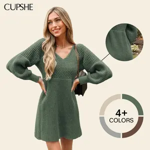 CUPSHE TikTokShopSpringGlowUp Honeycomb Textured Knit Mini Dress | Elegant V-Neck Long Sleeve Sweater Dress | Soft Girl Aesthetic Early Autumn Pullover Dress for Date Night