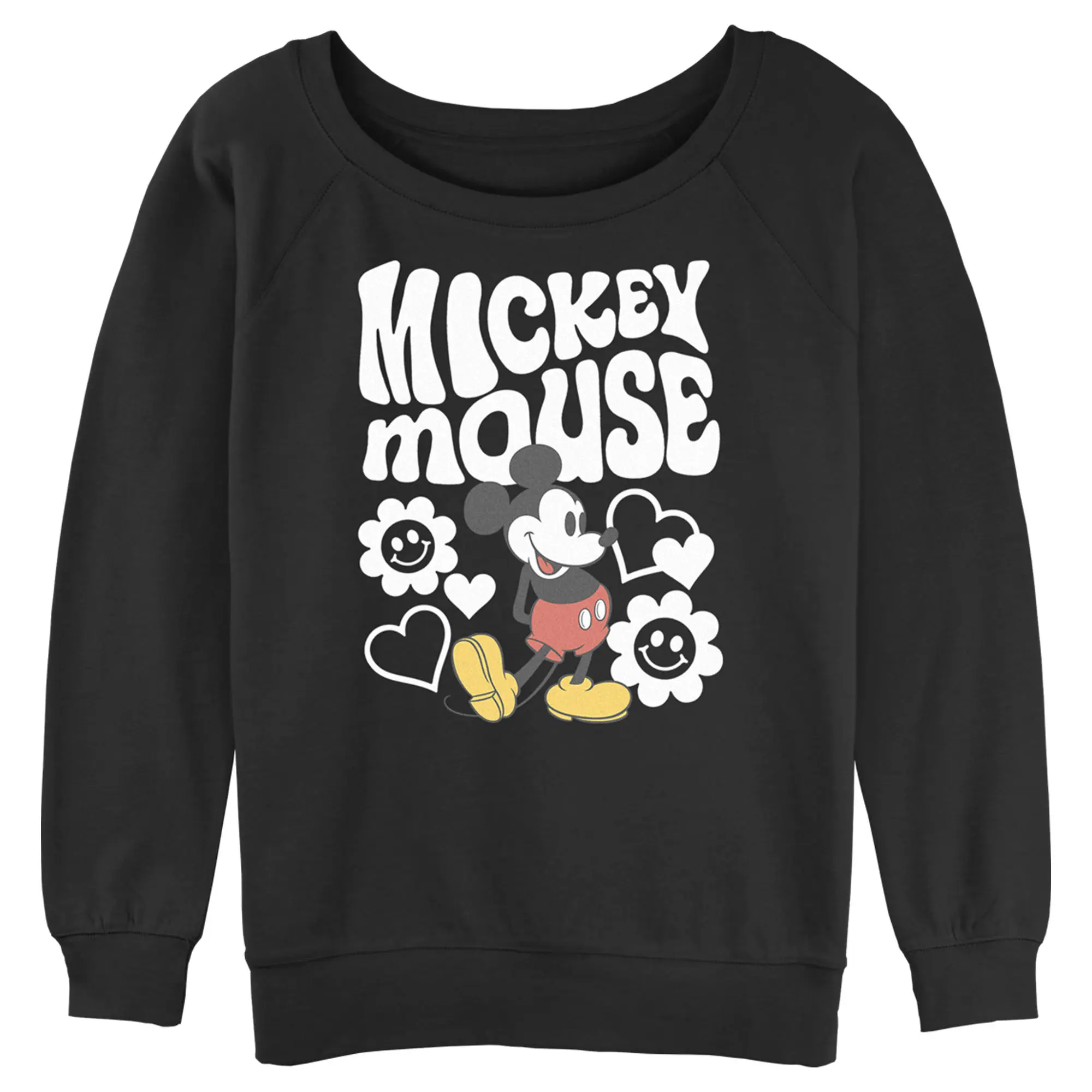 Juniors Womens Mickey & Friends Groovy Hearts and Smilies Logo White Sweatshirt