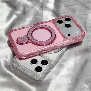 Glitter Soft Phone Case, Sparkly Rhinestone Ring Holder Kickstand, Bling Diamond Camera Lens Protector, Shockproof Clear iPhone Case for iPhone 17 16 15 14 13 12 Pro Max Plus Air, Women & Girls Gift