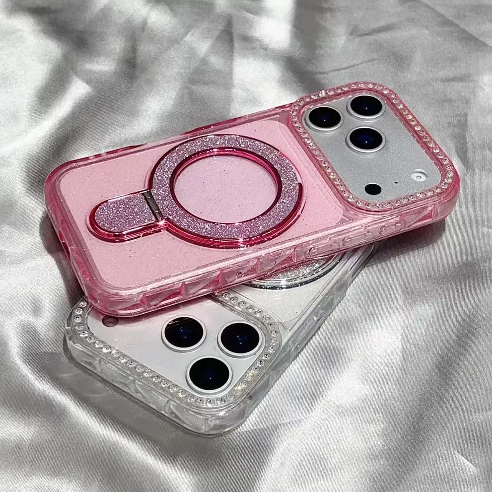 Glitter Soft Phone Case, Sparkly Rhinestone Ring Holder Kickstand, Bling Diamond Camera Lens Protector, Shockproof Clear iPhone Case for iPhone 17 16 15 14 13 12 Pro Max Plus Air, Women & Girls Gift