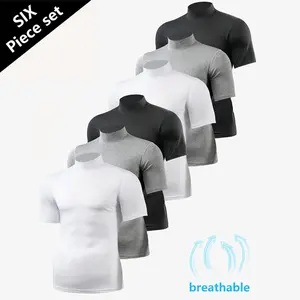 6pcs Men'S Breathable High-Neck Short Sleeve T-Shirt Set - Stretchy, Perfect For Fitness, compression shirts for men Summer Essentials|Breathable Fabric|Stretchy Material quick-dry breathable stretch fabric lsu tiger men Streetwear Crewneck Tshirt