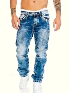 Men's Slim Fit Elastic Denim Jeans, Ripped Jeans Distressed Straight Leg Fashion Casual Comfortable Long Pants, Classic Street Style Cotton Fabric
