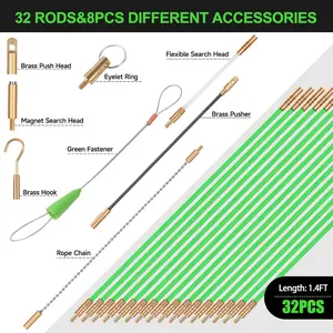 FTIHTRY 45FT Fiberglass Running Electrical Wire Cable Glow Rods Wire Pulling, Fish Rods Electrical Kit with 8 Different Attachments and Fish Tape Wire Puller Kit