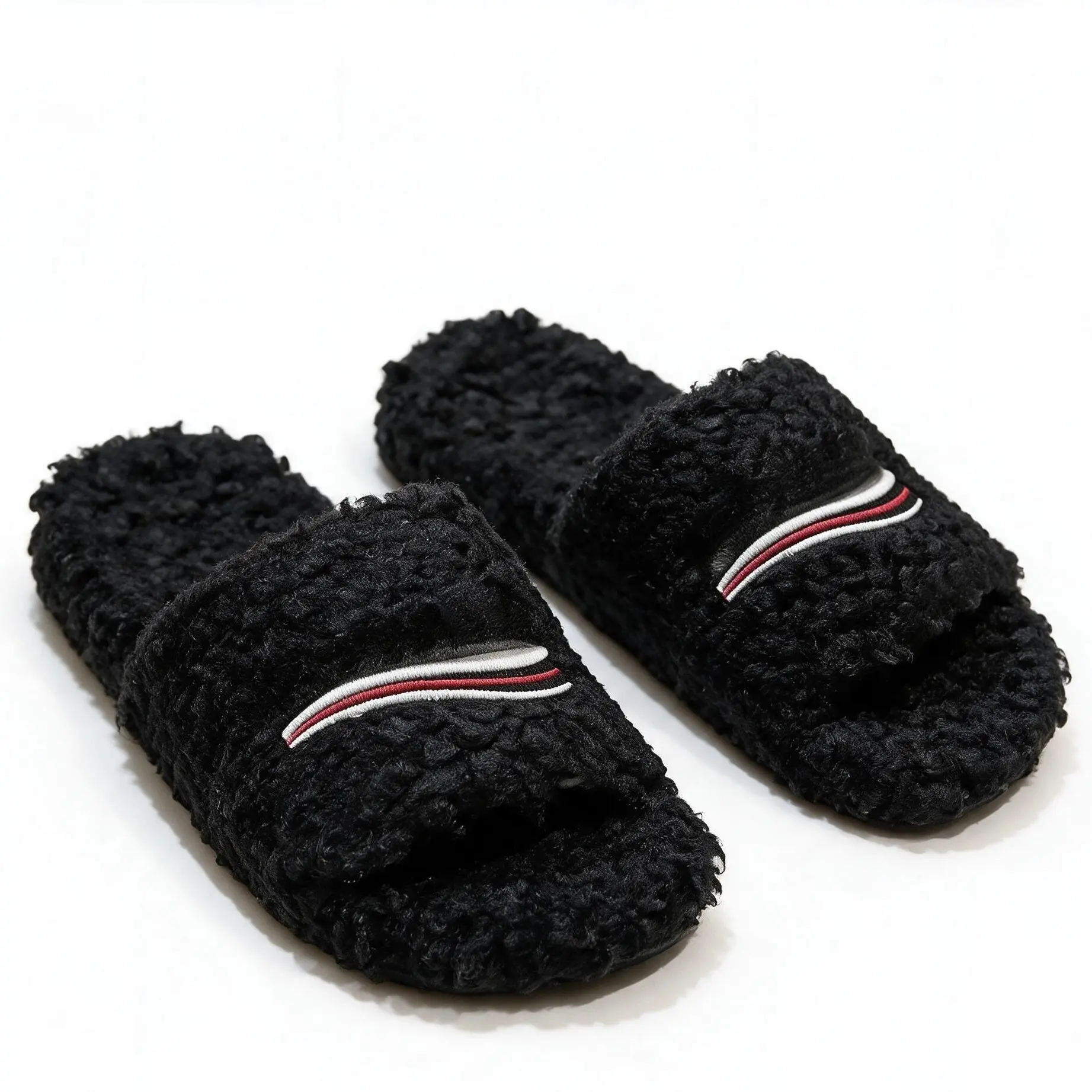 Striped Embroidered Curly Furry Slide Slippers, Warm Fluffy Open Toe Plush Slides For Indoor & Outdoor, Unisex Winter Casual Shoes