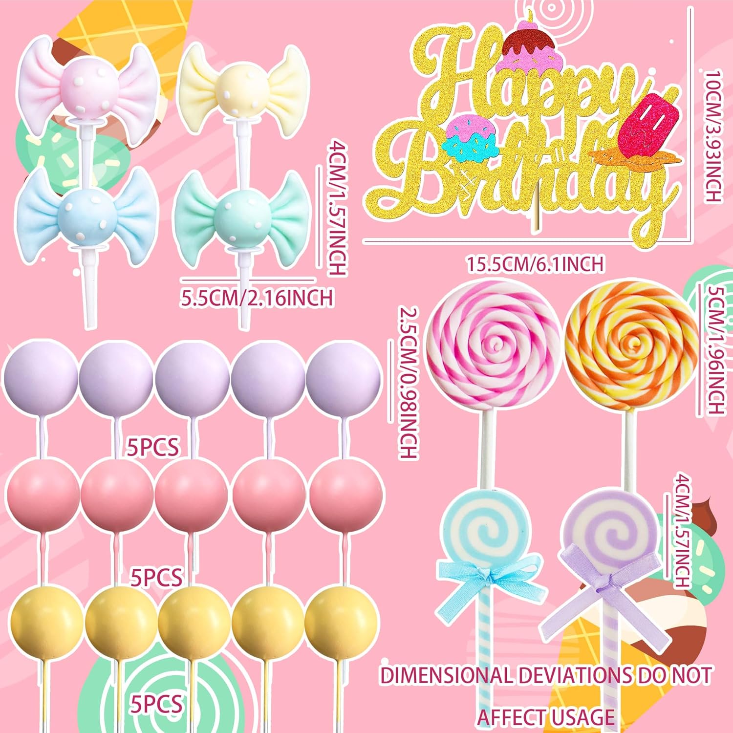 LaVenty Candyland Cupcake Toppers Ice Cream Candy Cake Topper Lollipop Cake Decoration with Ice Cream for Sweet Theme Birthday Baby Shower Bridal Shower Party Supplies