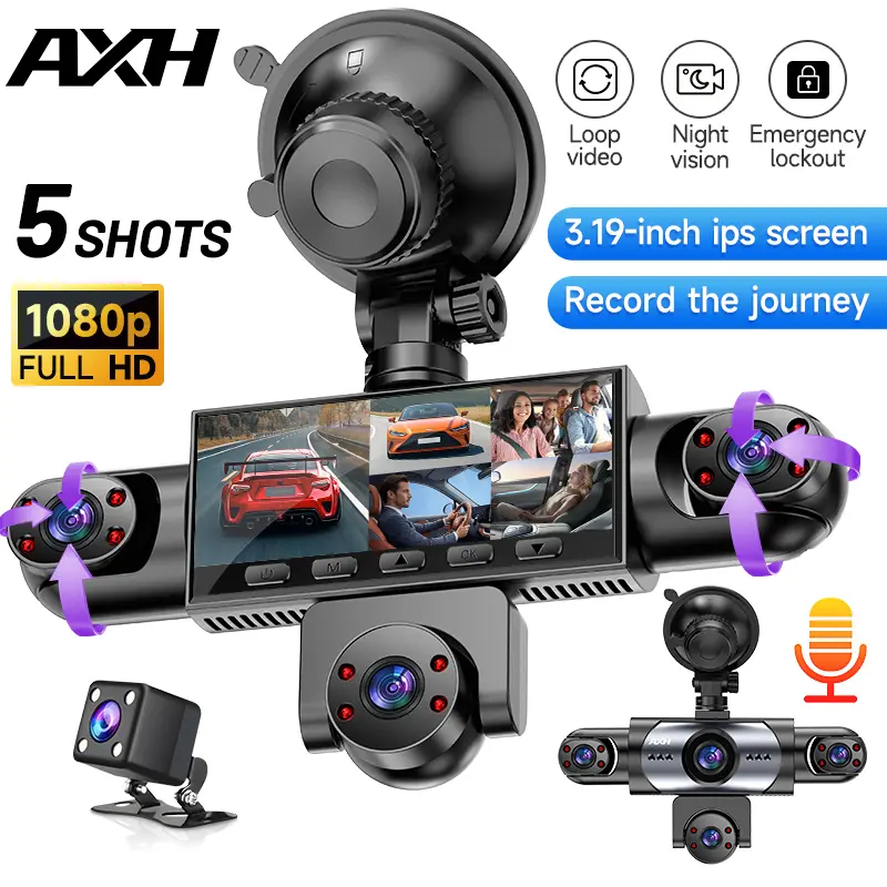 5-Lens Dash Cam for Minivans, 1080P Front+Rear+Inside/Left/Right Car Camera with G-Sensor, 720P Night Vision, Loop Recording,  Included 64GB Micro SD Card (Requires Charging),  Everyday Commuting