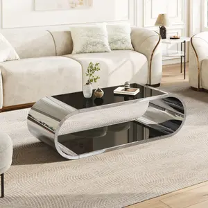 57" Oval Stainless Steel Storage Coffee Table, Contemporary Modern 2-Tiered Glass Top Center Table with Large Space, Easy Fashion Design for Living Room, Contemporary Coffee Table
