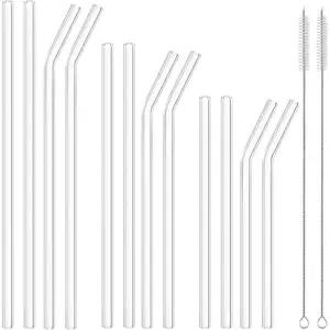 12 count  Glass Straws - Size 12.2"x10mm,10.5"x10mm,8.5"x10mm,Including 6 Straight and 6 Bent Clear Glass Straws with 2 Cleaning Brush for for Smoothies, Shakes, Coffee, Juice,