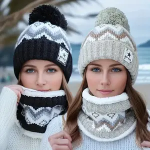 [Cozy Winter Hat Set] 2pcs Women's Winter Hat & Scarf Set - Soft Fleece Lining, Stretchy Windproof Trapper Hat with Beige/Pink/White/Gray/Black Striped Beanie & Matching Scarf - Skiing, Cycling, Daily Cold Weather Outfits - Machine Washable, Unisex Winter