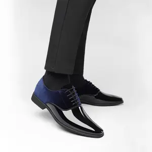 Men's Blue Velvet & Black Patent Leather Oxford Shoes - Formal Dress Shoes for Business and Weddings, Sophisticated Look for Formal Events
