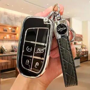 Car Key Fob Cover with Keychain, Soft TPU Car Keys Protector Case for Jeep Chrysler 200 300 Dodge  Challenger Smart Key