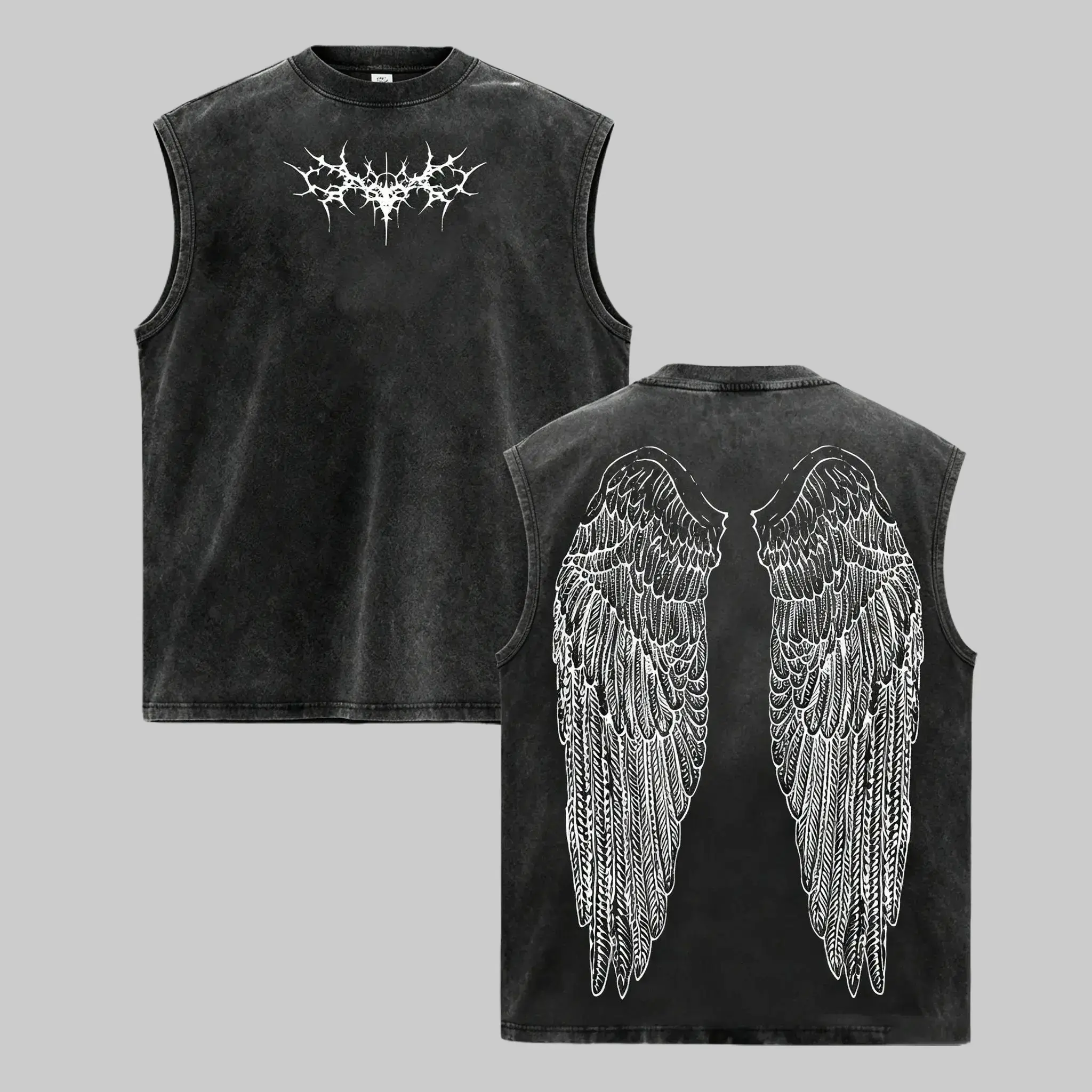 Y2K Gothic Wings Pattern Vest – Dark Oversized Retro Hoodie | Washed wings pattern vest for a grunge streetwear and anime-inspired style. Fabric Classic