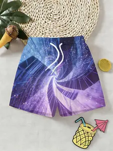 Boys Blue Gradient 3D Printed Time Tunnel Shorts, Summer Fashion Outdoor Sports Beach Pants, Breathable Comfortable Kids' Trunks