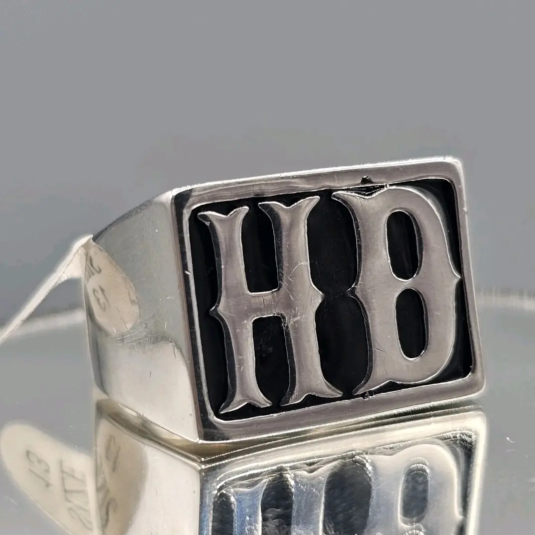 HD Biker Ring Mens Silver Tone Stainless Steel Black Enamel Motorcycle Size 13