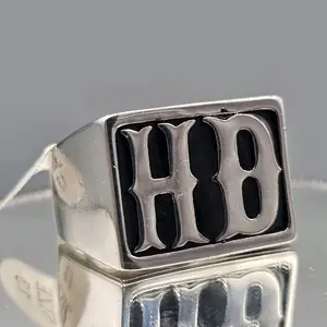 HD Biker Ring Mens Silver Tone Stainless Steel Black Enamel Motorcycle Size 13