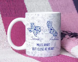 Miles Apart But Close At Heart Coffee Mug, Personalize Long Distance Friendship Mug, Custom State To State Gift, Couple Gift, BFF Gifts