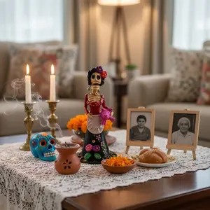 Handmade 8” Mexican Catrina Figurine with Piglet – Glow in the Dark Día de los Muertos Collectible + Free UV Light