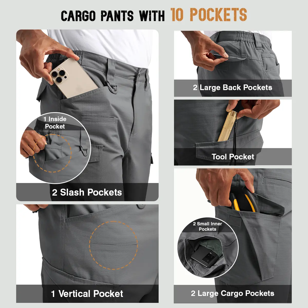GOPUNE Men's Tactical Ripstop Pants Lightweight Water Resistant Cargo Hiking Work Pants With Multi Pockets for Outdoor Activities