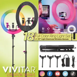 Vivitar 18" LED RGB Ring Light – Tripod Stand, Phone Holder, USB Charging Ports & Wireless Remote