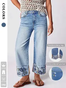 1 Pair Women's Light Blue Washed Denim Jeans with Floral Embroidery Pocket, Loose Straight Leg, Vintage Casual Style, Daily Wear, Summer Travel Pants, Trouser