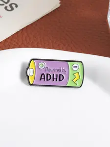 Powered by ADHD Brooch Zinc Alloy Enamel Material Battery Design Electrode Lightning Purple Green Text Decor Unisex Design Neurodiversity Community Daily Support Accessory Durable Metal Pins