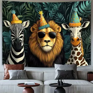 Safari Animal Tapestry Zebra Lion Giraffe Backdrop Wildlife Theme Wall Hanging Photography Background for Party Decoration Living Room Bedroom Indoor Outdoor Polyester