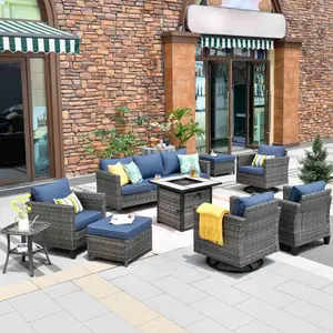 【Summer Vibes】Ovios Outdoor Patio Conversation Set Vultros 9-Piece & 30" Fire Pit Table & Swivel Chairs & All-Weather Wicker Outdoor Furniture for Backyard Deck