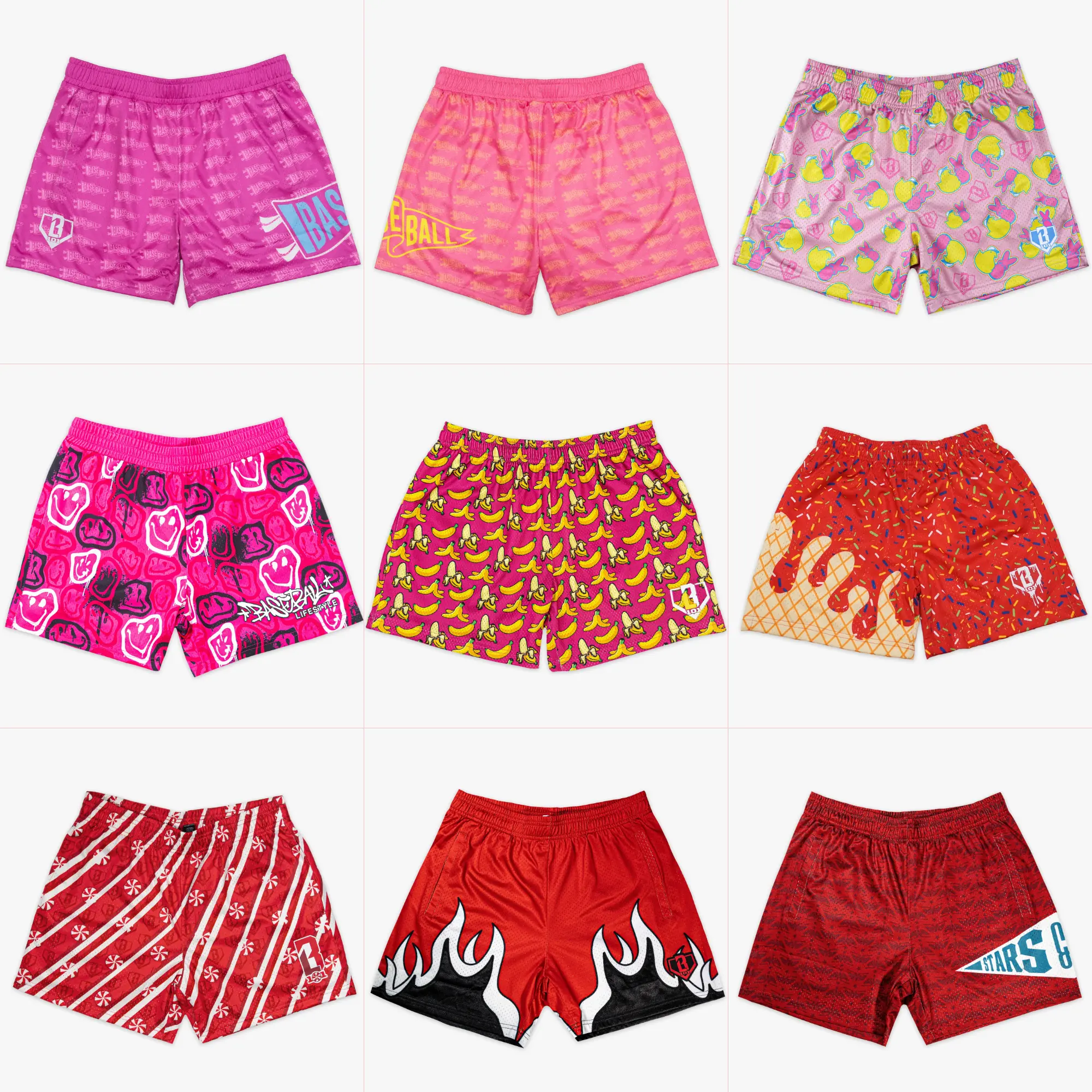 [ Baseball 101 Short ] Pink & Red Graphic Mesh Sports Shorts - Breathable Banana, Flames, Peppermint & Drip Basketball Shorts with Pockets, Men's Streetwear Activewear