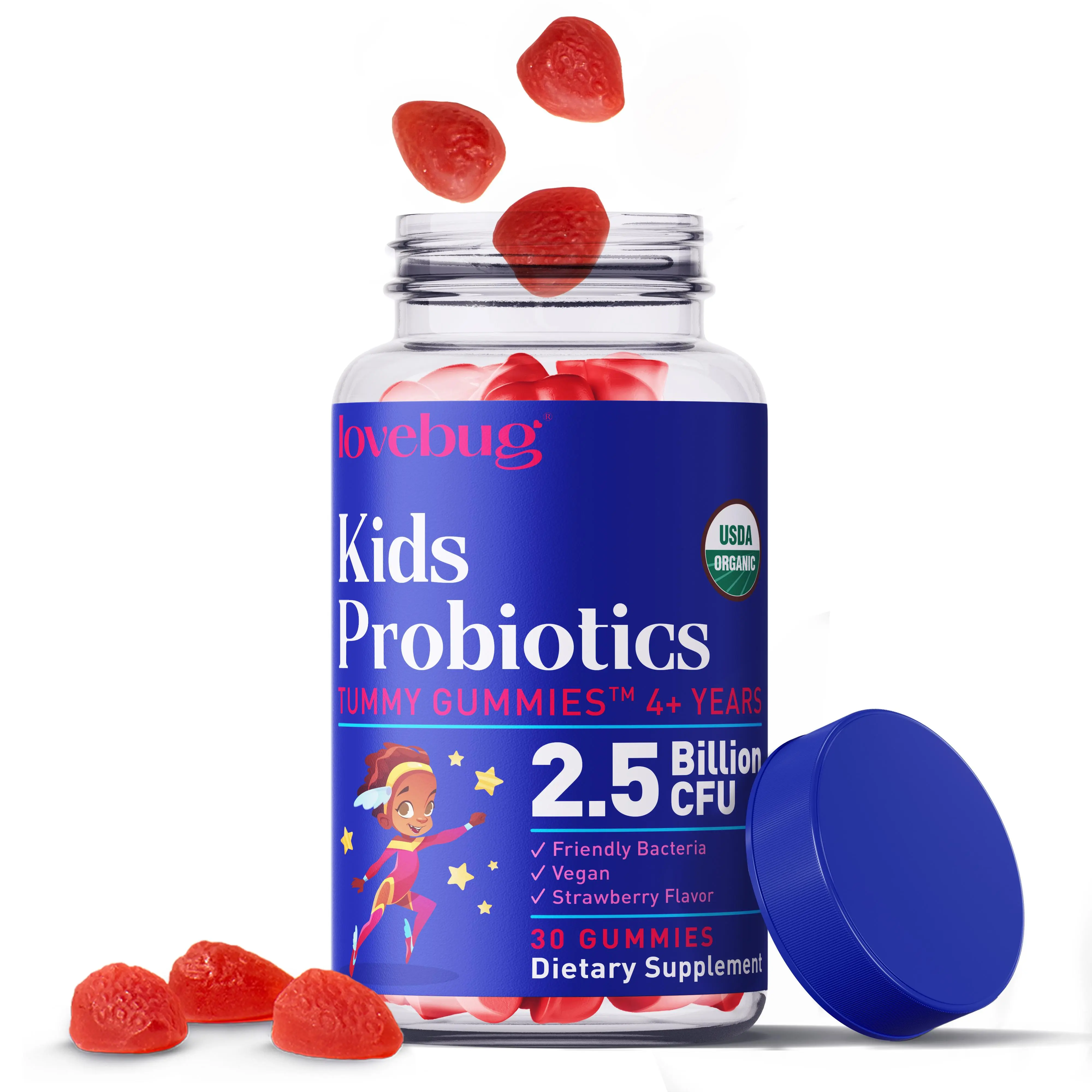 Lovebug Kids Probiotic Tummy Gummies | 2.5 Billion CFU | USDA Organic | DE111 Bacillus subtilis | Vegan Strawberry Flavor | Ages 4+ | 30 or 60 Count