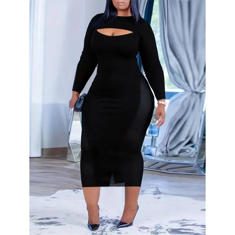Plus Size Cut Out Bodycon Midi Dress - Sexy Long Sleeve Crew Neck, Flattering Silhouette, Comfortable Fabric, for Spring & Fall, Women's Plus Size Clothing for Curvy Figures Summer Black Casual Womenswear