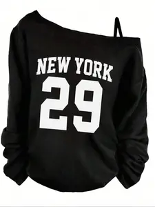 Women's Off-Shoulder Sports Top Long Sleeve Adjustable Straps Casual Sporty Top New York & Number 29 Print Casual Loose Fit Outdoor Fashion