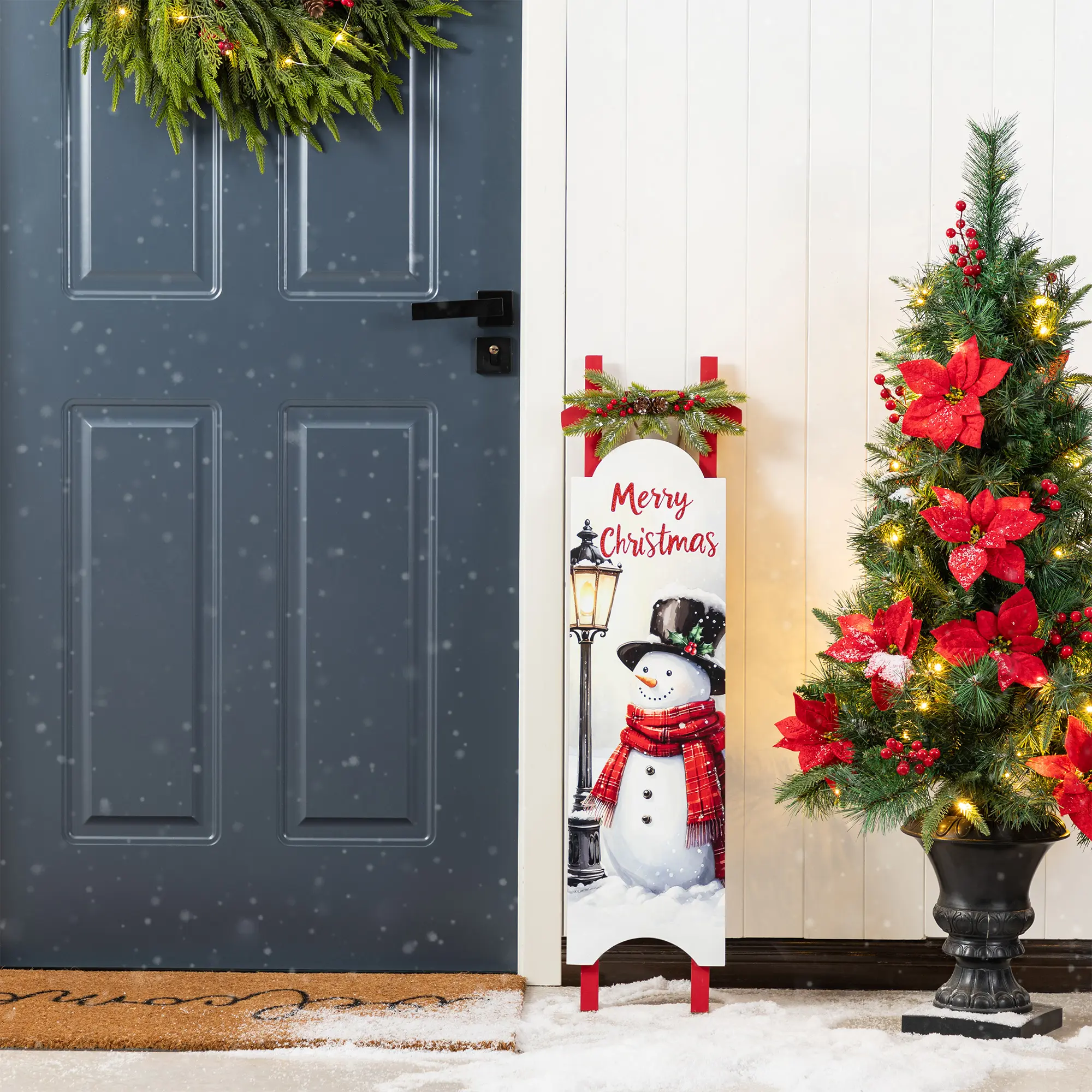 Glitzhome 42 In Standing Wooden Christmas Snowman Sleigh Decor, Irregular Form, Porch Sign with Scarf & Hat, Multi-Use Setup (Floor Mount & Wall-Mountable) Home Festive Decor for Greeting Guests