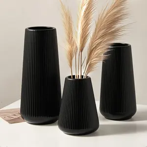 3pcs Scandinavian Unbreakable Vases Set - Textured Plastic Flower Vases for Dining TableBlack White Home Decor, Minimalist Centerpiece for Faux Florals (24.89/20.07/13.97cm) Gift Decorative Flower Vase