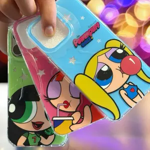 Powerpuff Girls iPhone 15 Case with Beaded Charm Strap Featuring Blossom and Buttercup Characters