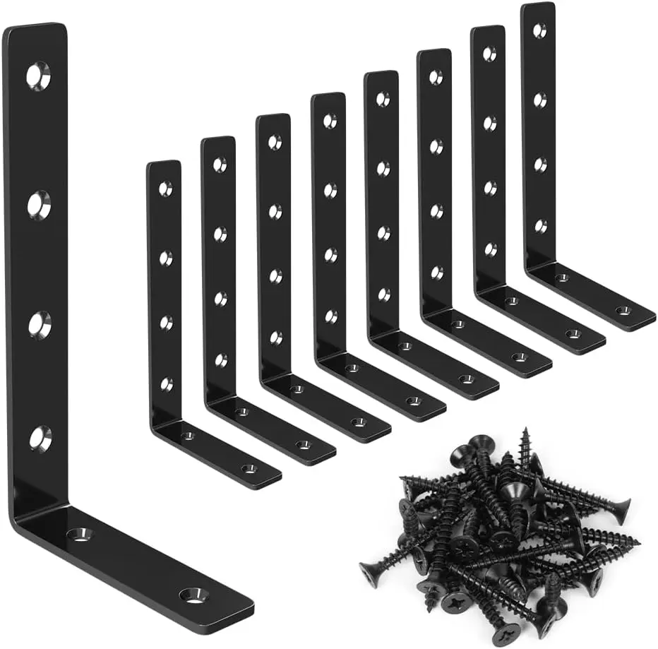 Sturdy L-Shaped Stainless Steel Mounting Brackets (8-Pack, 5x2.8x0.7in) - Rustproof Wall-Mount Corner Fixings for Heavy Duty Fastening, Wooden Shelves, Windows, 35 lbs per Pair Load Capacity, 8+48 Screws/Anchors
