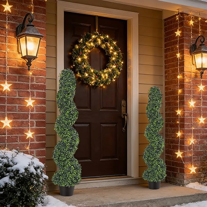 4FT Artificial Boxwood Spiral Topiary Trees Set of 2, UV Resistant Faux Evergreen Topiary Plants in Pots, Outdoor Indoor Decorative Fake Boxwood Shrubs for Front Porch, Patio, Garden, Home Decor
