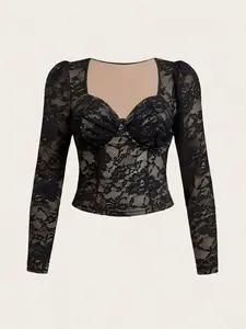Plus Size Lace Knit Top Blouse, Sexy Slim-Fitting Waist-Cinch Design, Elegant Long Sleeve for Women, Perfect for Daily Wear & Street Fashion, Shirts