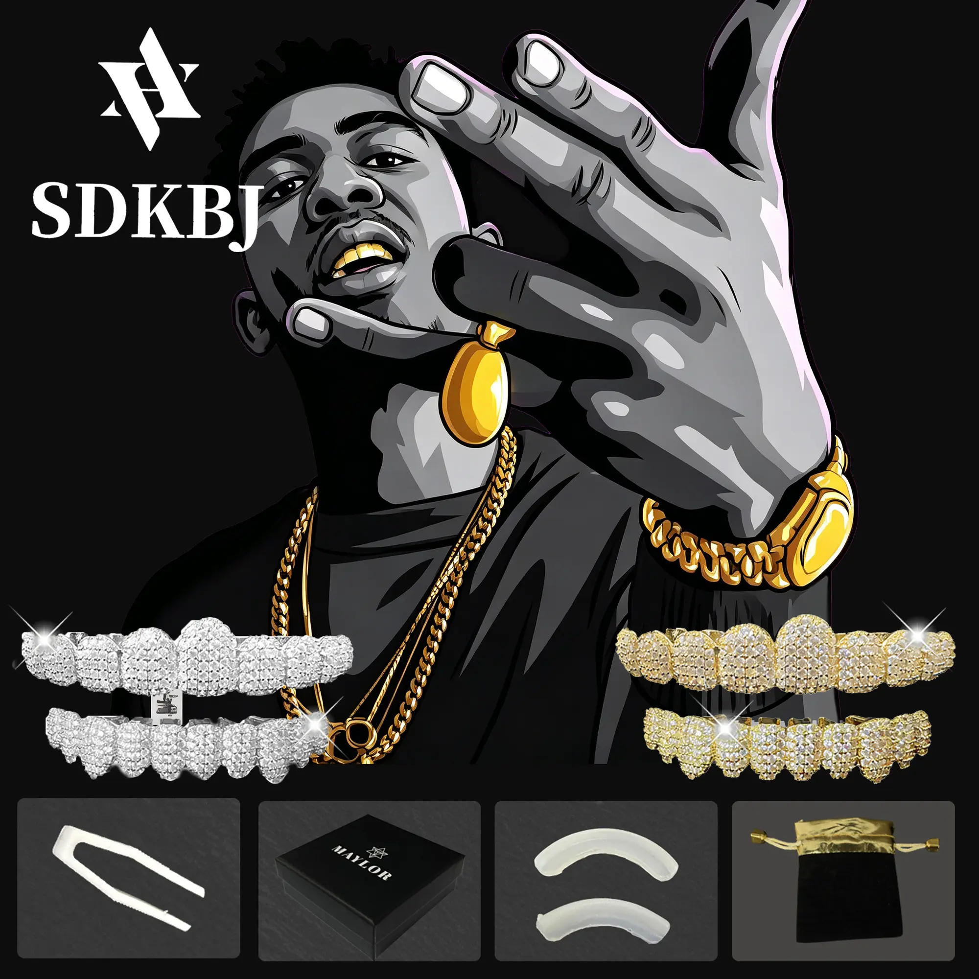 Hip Hop 2 pcs/set gifts Silver Cubic Zirconia Grillz - Paved Zircon Full Coverage Iced Out Luxury Statement Hip Hop Party Nightclub Performance Silver Iced Out Diamond Teeth Grillz Rapper Costume Mouth Jewelry