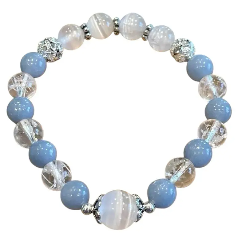 Snowflake, Peace & Calm; Selenite, Purify, Mental Well-Being; Angelite, Stone of the Angels; Bracelet
