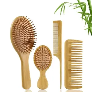 Bamboo Hair Comb Set, 4-Count Natural Bamboo Paddle Detangling Hairbrush, Wide-Tooth and Tail Comb, Smoothing Hair Styling Tools for Women and Men, Curly Hair Care Grooming Gift #GLOBAL PICKS