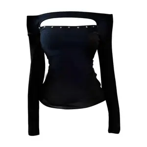 2000s Rivet Hollow Out Women's T-shirt Long Sleeve Black Clothes Slim Autumn Tops Off Shoulder Tees Female Clothing Womenswear Blouse