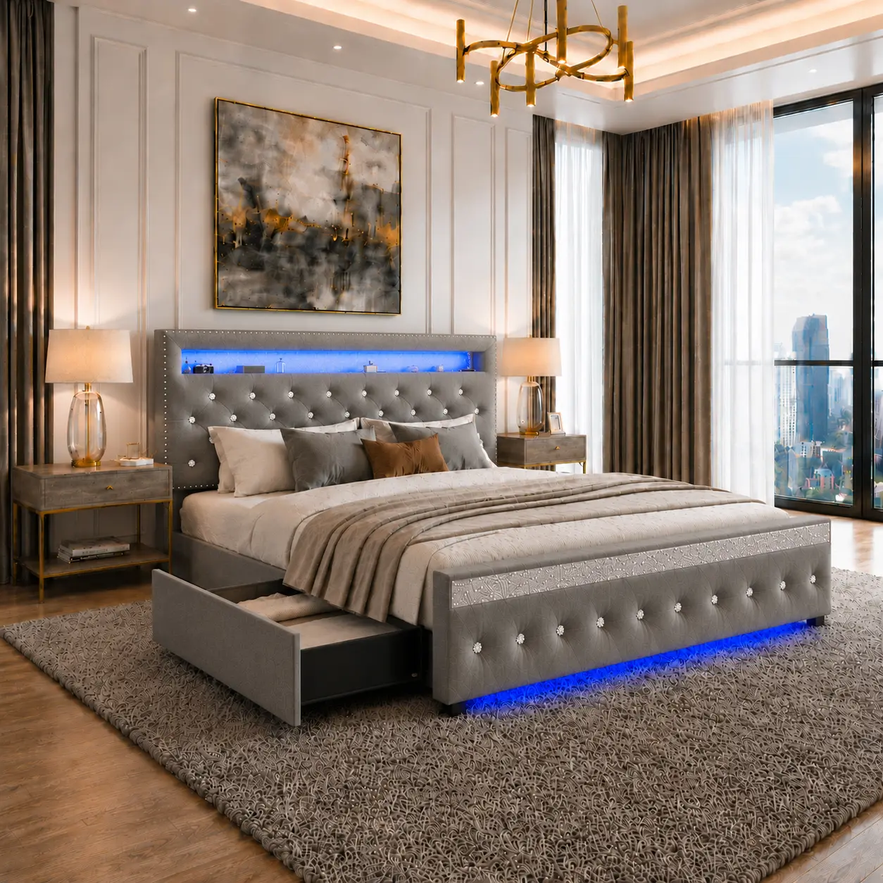 Torana Queen LED Storage Bed Frame with 2 Drawers, Crystal Tufted Adjustable Headboard, Velvet Upholstered Platform Bed, No Box Spring Needed, Easy Assembly