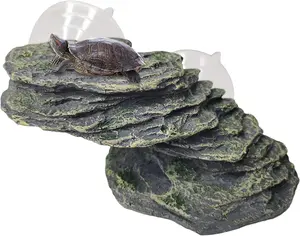 Turtle Basking Platform Tortoise Resin Dock Tortoise Climbing Ramp Shale with Suction Cup Adjustable Resting Terrace Lizard Climbing Platform for Frogs Newts (Small:6.0”Lx2.7”Wx2.7”H)